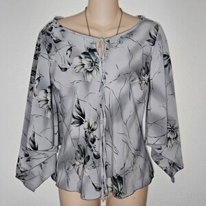 OZONE Gray Floral Butterfly Sleeve Tie Neck‎ Blouse Top